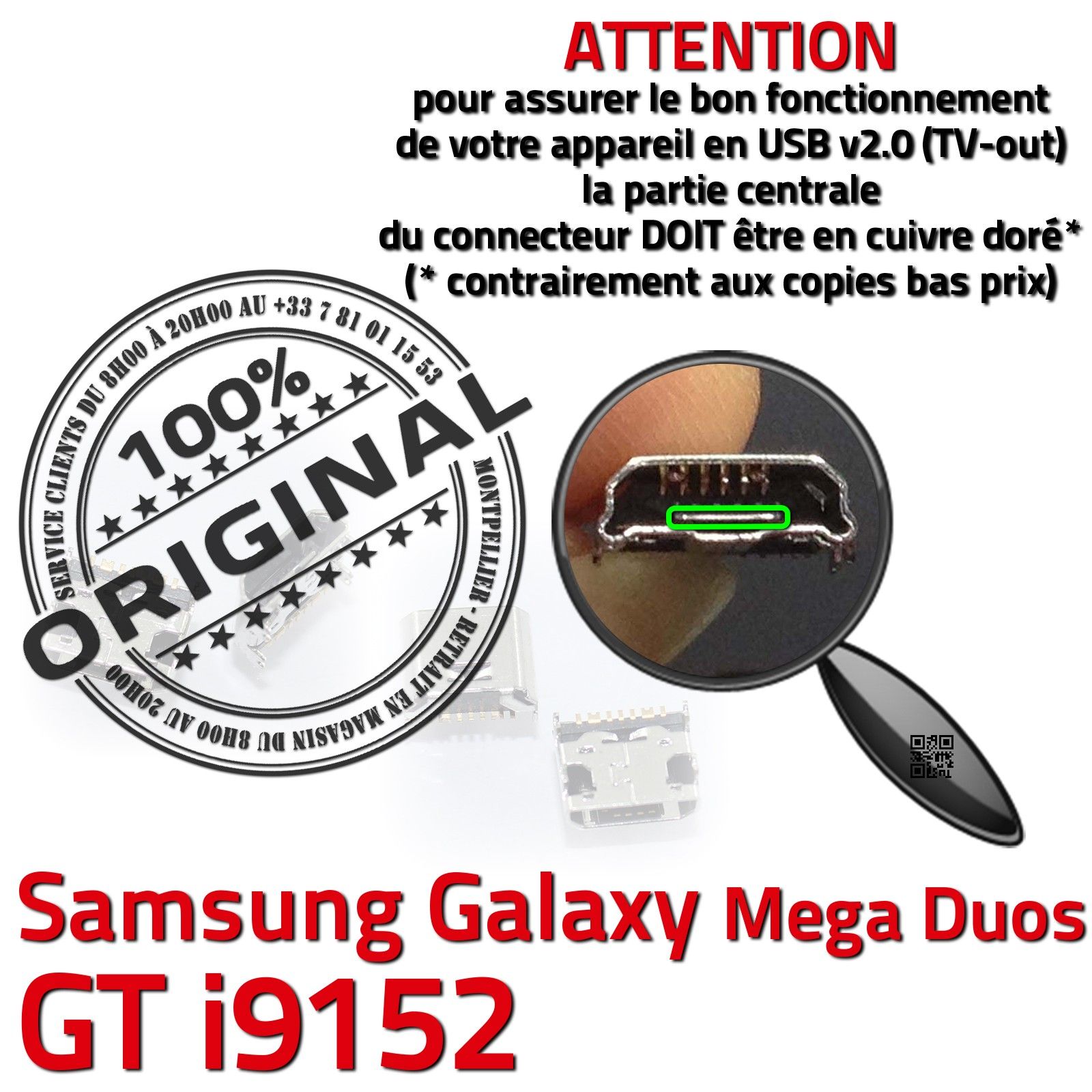 Téléphone Remplacement PORT Micro USB Soudure Carte Mère Prise Chargeur Samsung Galaxy Mega Duos GT i9152 GT-i9152 Connecteur de Charge à souder Changer Jack Connexion Câble Réparation Changement micro-soudure Pins Contacts Qualité Démontage Smartphone