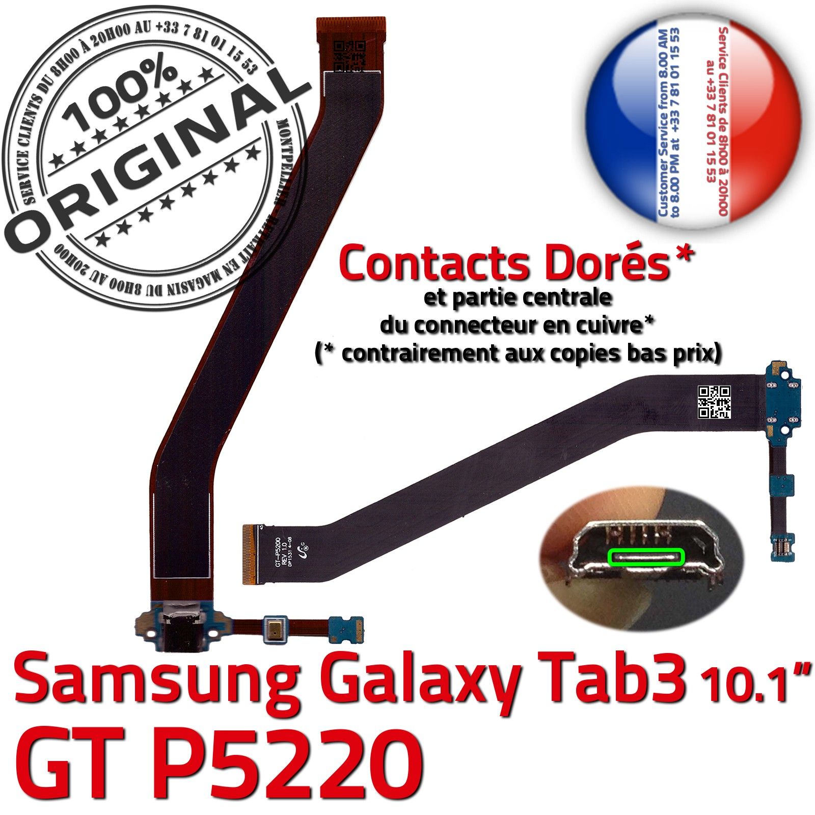 ORIGINAL Samsung Galaxy TAB3 GT-P5220 Connecteur de Charge Chargeur MicroUSB Nappe OFFICIELLE Qualité Contacts Dorés Réparation