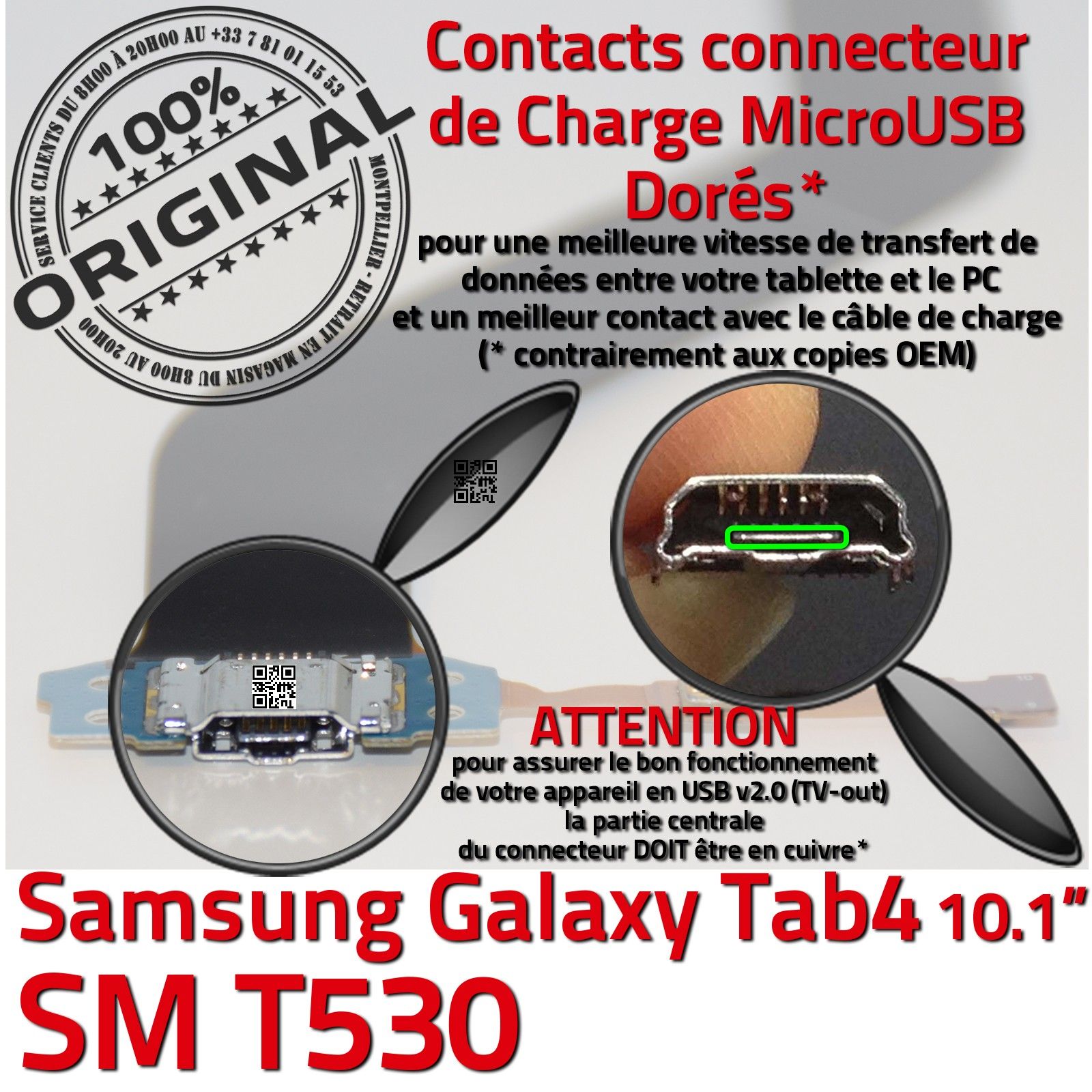 Tablette Qualité Remplacement Port Micro USB Contact Démontage Cable Jack Flex Connecteur d'Origine Nappe OFFICIELLE de Charge Synchronisation PC Carte Mère Prise Chargeur SM-T530 SAMSUNG Galaxy TAB 4 SM T530 Micro-USB Réparation Microphone Changement