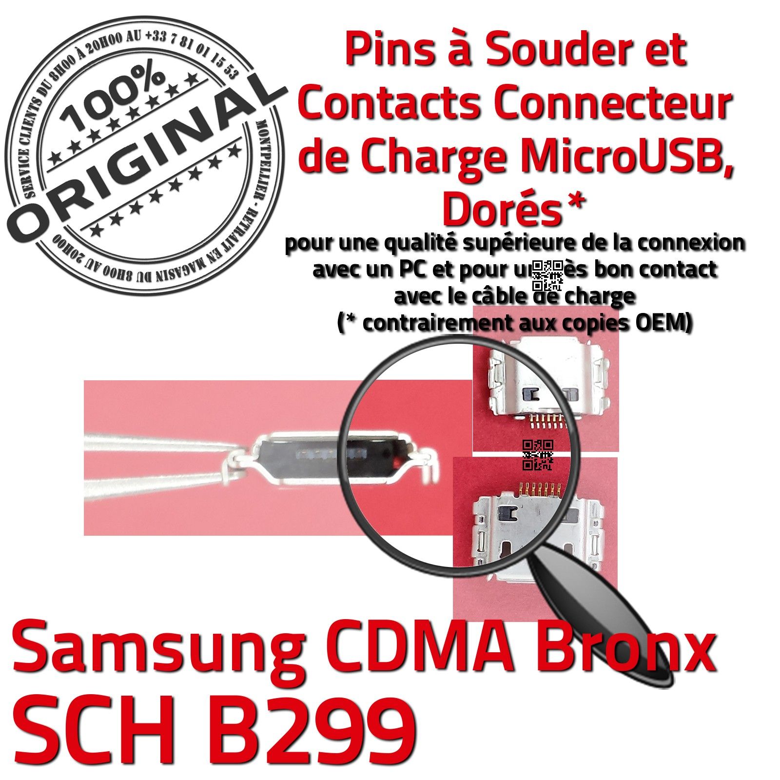 Remplacement PORT Micro USB PC Soudures Carte Mère Prise Chargeur Connecteur de Charge ORIGINAL à souder micro-soudures Smartphone Samsung CDMA Bronx SCH B299 Réparation Changement Pins Dorés Téléphone Portable Changer Jack Connexion Câble Contacts Démont