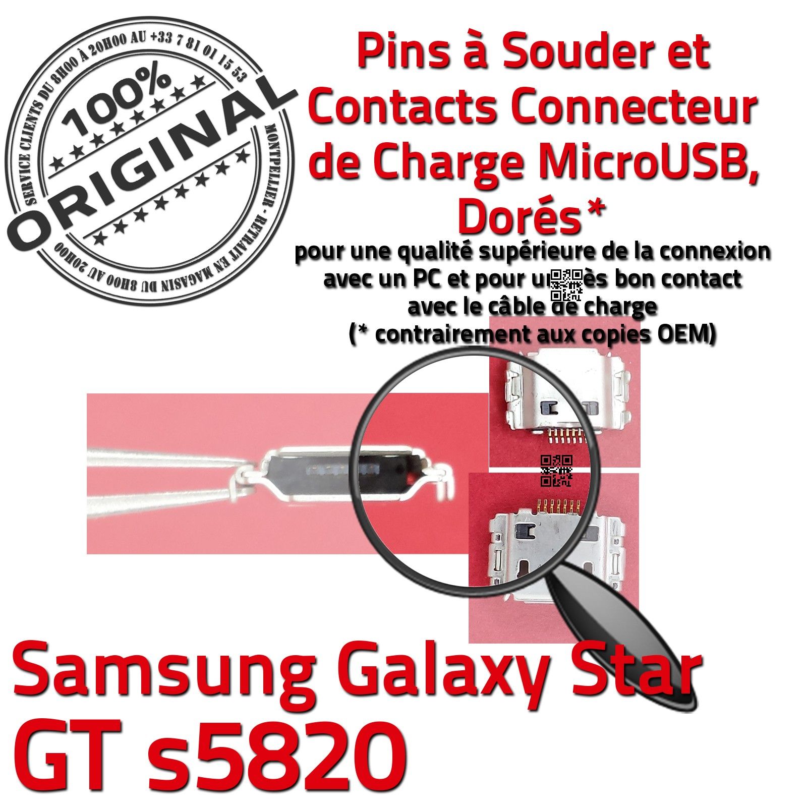 Remplacement PORT Micro USB PC Téléphone Portable Samsung Galaxy Star GT s5820 Connecteur de Charge ORIGINAL à souder micro-soudures Smartphone Changer Jack Connexion Câble Contacts Démontage Réparation Changement Pins Dorés Soudures Carte Mère Prise Char