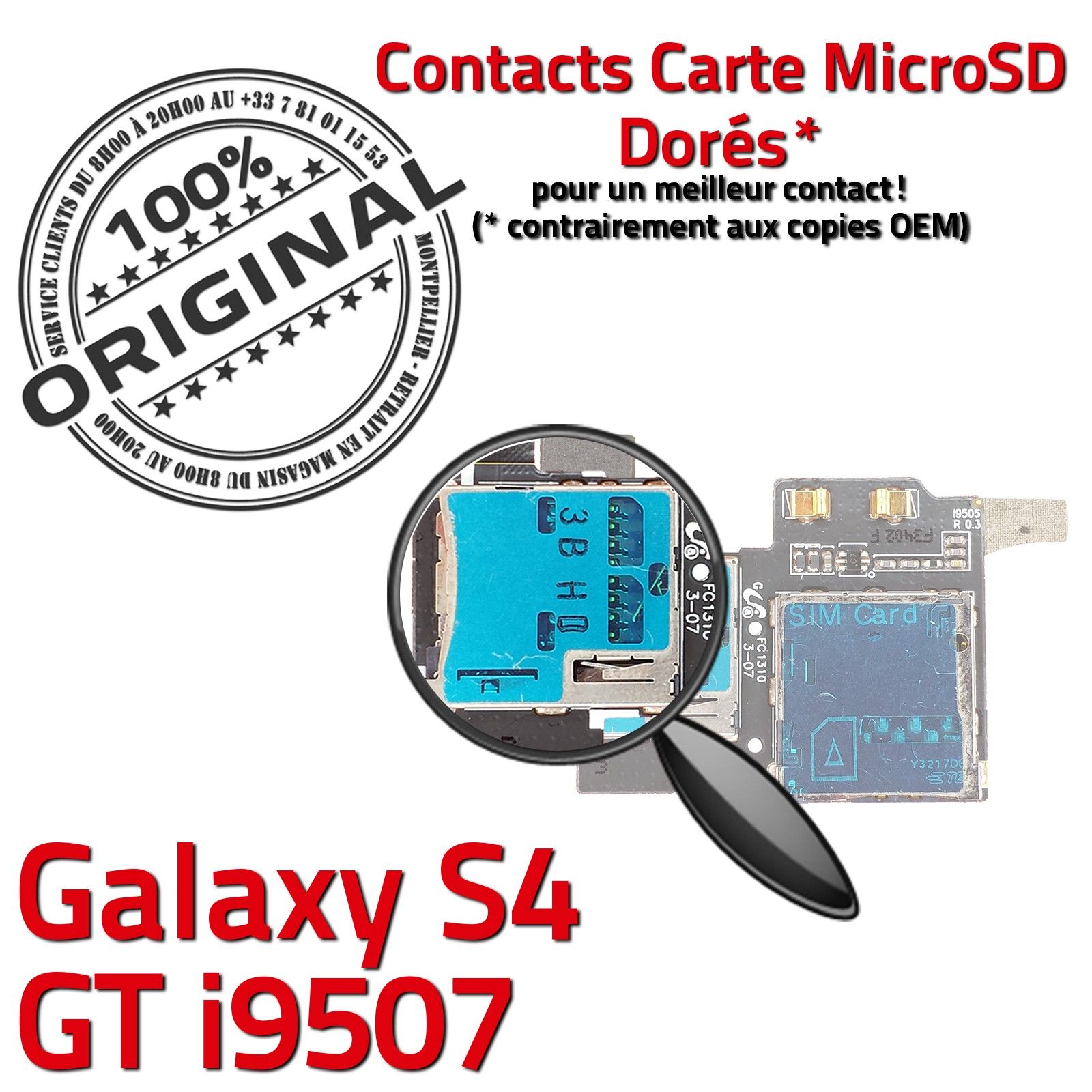 ORIGINAL Samsung Galaxy S4 GT i9507 Lecteur Carte Memoire SIM Micro-SD Connecteur Contacts Dorés Reader Connector Nappe Qualité