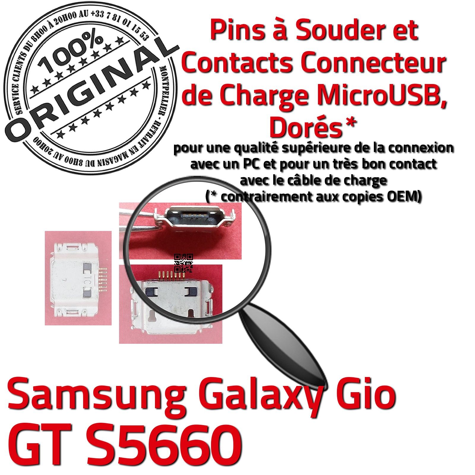 Remplacement PORT Micro USB PC Connecteur de Charge ORIGINAL à souder GT-S5660 55660 Soudures Carte Mère Prise Chargeur Réparation Changement Pins Dorés micro-soudures Smartphone Changer Jack Connexion Câble Contacts Démontage Téléphone Portable