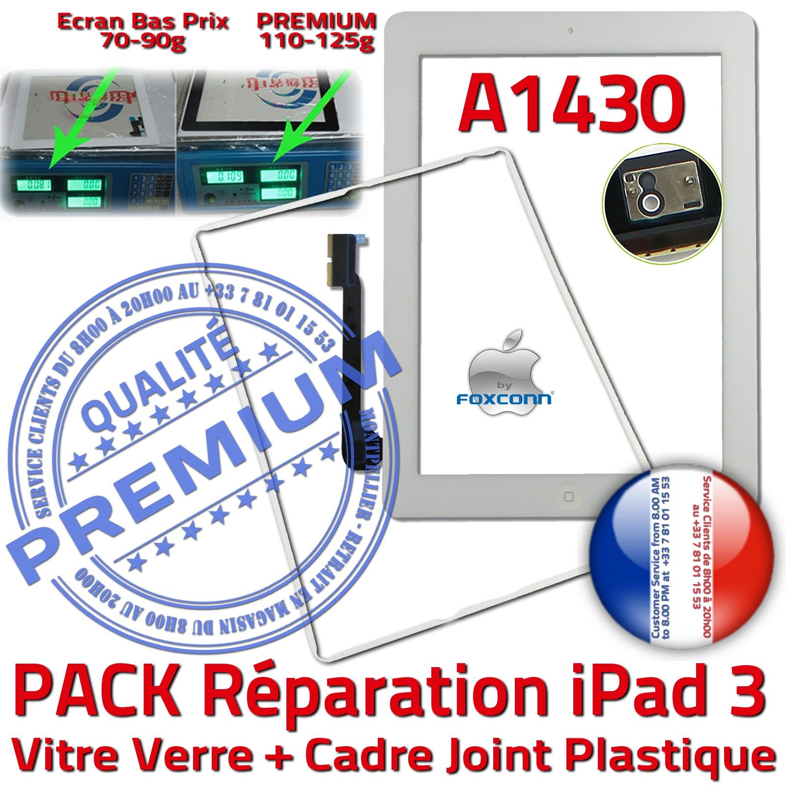 PACK Réparation Tablette Apple iPad3 A1430 Vitre Tactile Blanche Verre PREMIUM Adhésif Precollée Bouton HOME Joint Cadre Contour