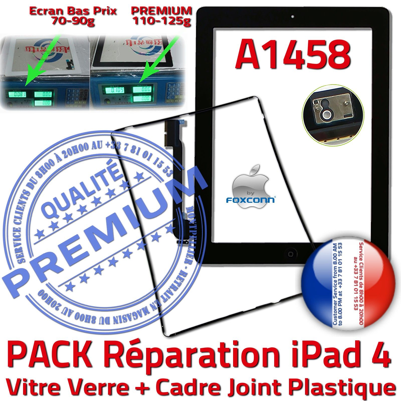 KIT Réparation Tablette Apple iPad4 A1458 Vitre Tactile Noire Verre PREMIUM Adhésif Precollé Bouton HOME Joint Cadre Chassis