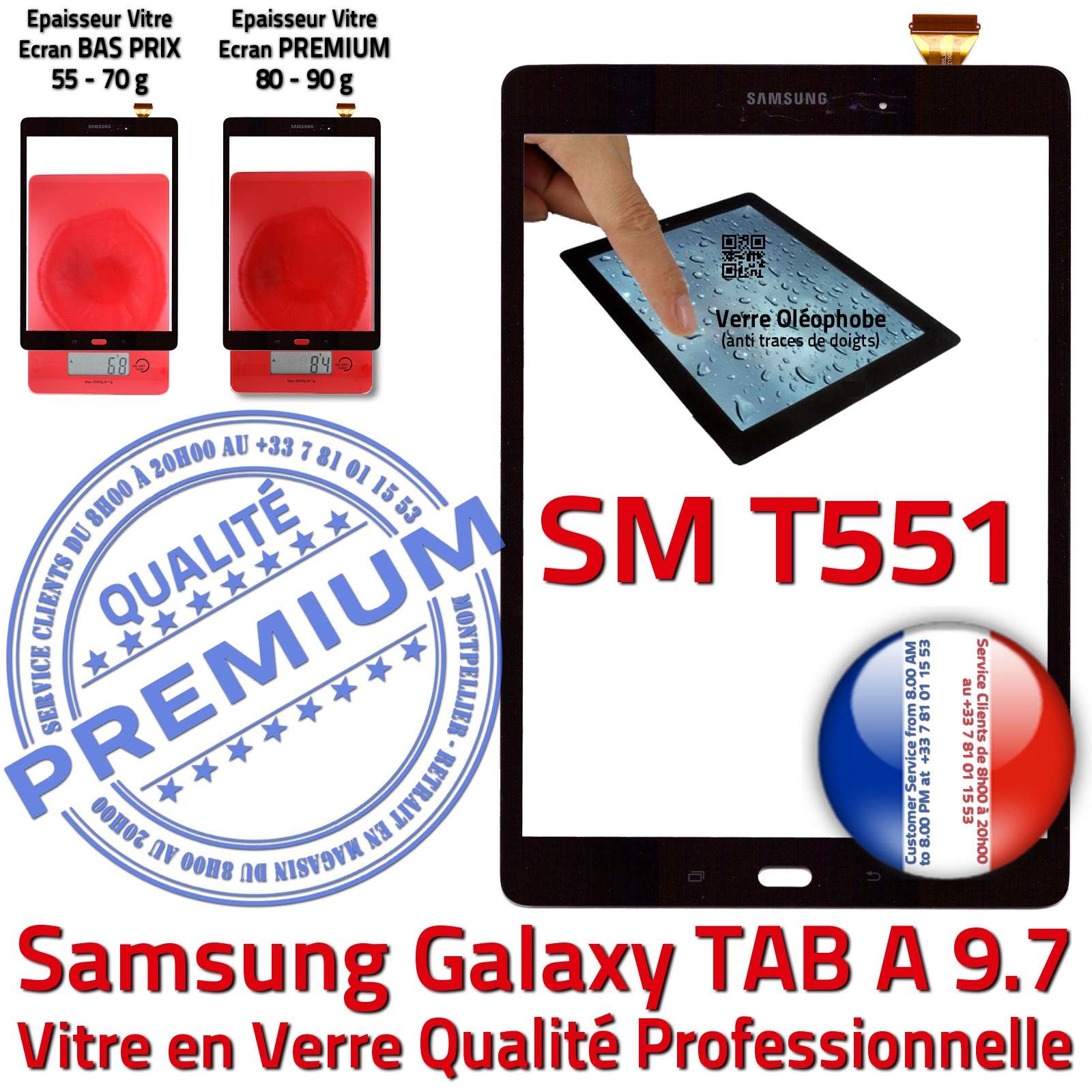 Ecran Noir Samsung SM T551 Galaxy TAB-A 9.7 Verre Qualité Supérieure PREMIUM Vitre Tactile Noire Assemblée Adhésif Prémonté