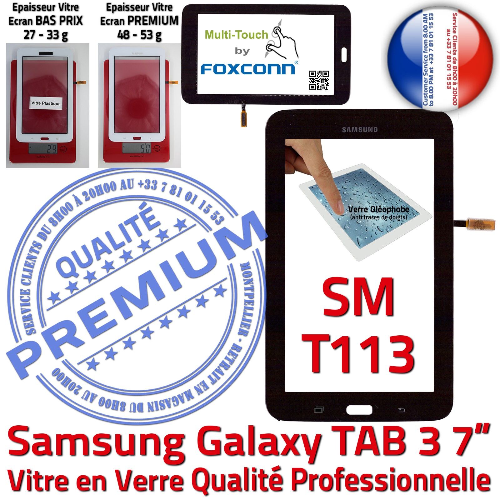 Samsung Galaxy TAB3 SM-T113 Vitre Tactile Noire en Verre Qualité Supérieure PREMIUM Assemblée Adhésif LCD Ecran 7 Prémonté A++