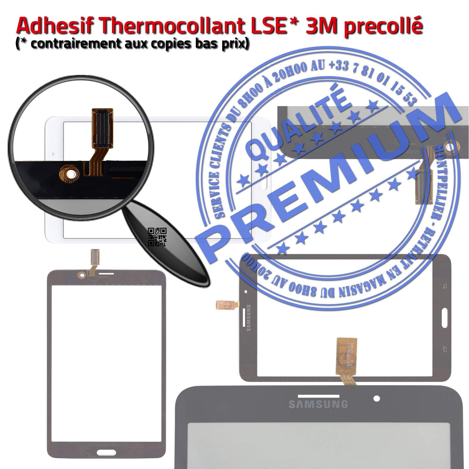 Vitre Tactile SM-T231 TAB 4 Assemblée Adhésif Prémonté Samsung Ecran Noir