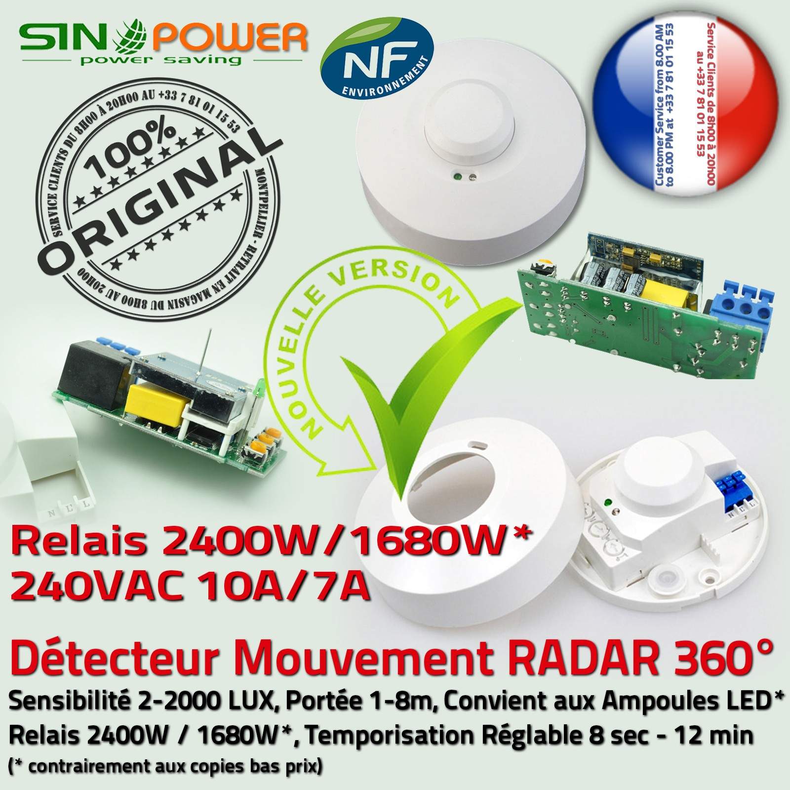 Détecteur Mouvement Radar 360° Capteur Présence Passage Détection Mouvements Micro-Ondes Interrupteur Luminaire LED Automatique